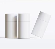 White Paper tube package mockups isolated on white background. Blank craft carton circular realistic tube texture. Cylindrical container with cap for product branding photo