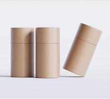 Brown Paper tube package mockups isolated on white background. Blank craft carton circular realistic tube texture. Cylindrical container with cap for product branding photo
