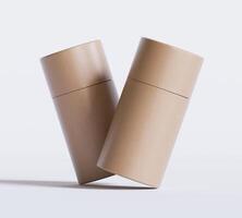 Brown Paper tube package mockups isolated on white background. Blank craft carton circular realistic tube texture. Cylindrical container with cap for product branding photo