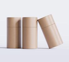 Brown Paper tube package mockups isolated on white background. Blank craft carton circular realistic tube texture. Cylindrical container with cap for product branding photo