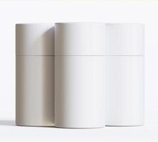 White Paper tube package mockups isolated on white background. Blank craft carton circular realistic tube texture. Cylindrical container with cap for product branding photo