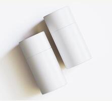 White Paper tube package mockups isolated on white background. Blank craft carton circular realistic tube texture. Cylindrical container with cap for product branding photo