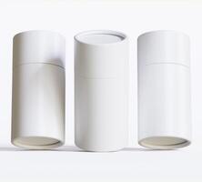 White Paper tube package mockups isolated on white background. Blank craft carton circular realistic tube texture. Cylindrical container with cap for product branding photo