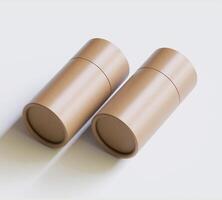 Brown Paper tube package mockups isolated on white background. Blank craft carton circular realistic tube texture. Cylindrical container with cap for product branding photo