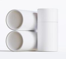 White Paper tube package mockups isolated on white background. Blank craft carton circular realistic tube texture. Cylindrical container with cap for product branding photo