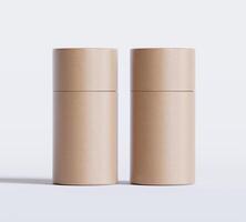 Brown Paper tube package mockups isolated on white background. Blank craft carton circular realistic tube texture. Cylindrical container with cap for product branding photo