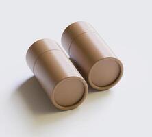 Brown Paper tube package mockups isolated on white background. Blank craft carton circular realistic tube texture. Cylindrical container with cap for product branding photo
