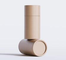 Brown Paper tube package mockups isolated on white background. Blank craft carton circular realistic tube texture. Cylindrical container with cap for product branding photo