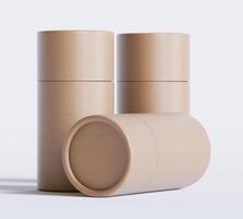 Brown Paper tube package mockups isolated on white background. Blank craft carton circular realistic tube texture. Cylindrical container with cap for product branding photo