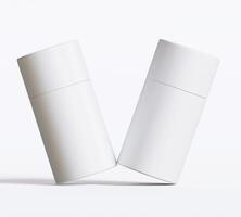 White Paper tube package mockups isolated on white background. Blank craft carton circular realistic tube texture. Cylindrical container with cap for product branding photo
