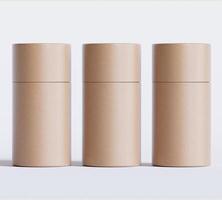 Brown Paper tube package mockups isolated on white background. Blank craft carton circular realistic tube texture. Cylindrical container with cap for product branding photo