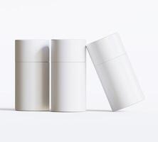 White Paper tube package mockups isolated on white background. Blank craft carton circular realistic tube texture. Cylindrical container with cap for product branding photo