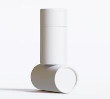 White Paper tube package mockups isolated on white background. Blank craft carton circular realistic tube texture. Cylindrical container with cap for product branding photo