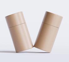 Brown Paper tube package mockups isolated on white background. Blank craft carton circular realistic tube texture. Cylindrical container with cap for product branding photo