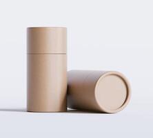Brown Paper tube package mockups isolated on white background. Blank craft carton circular realistic tube texture. Cylindrical container with cap for product branding photo