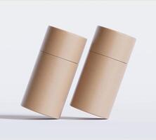 Brown Paper tube package mockups isolated on white background. Blank craft carton circular realistic tube texture. Cylindrical container with cap for product branding photo