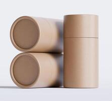 Brown Paper tube package mockups isolated on white background. Blank craft carton circular realistic tube texture. Cylindrical container with cap for product branding photo