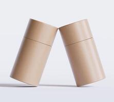 Brown Paper tube package mockups isolated on white background. Blank craft carton circular realistic tube texture. Cylindrical container with cap for product branding photo