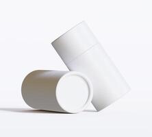 White Paper tube package mockups isolated on white background. Blank craft carton circular realistic tube texture. Cylindrical container with cap for product branding photo