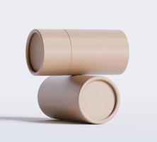 Brown Paper tube package mockups isolated on white background. Blank craft carton circular realistic tube texture. Cylindrical container with cap for product branding photo
