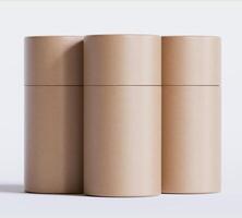 Brown Paper tube package mockups isolated on white background. Blank craft carton circular realistic tube texture. Cylindrical container with cap for product branding photo