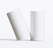 White Paper tube package mockups isolated on white background. Blank craft carton circular realistic tube texture. Cylindrical container with cap for product branding photo