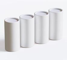 White Paper tube package mockups isolated on white background. Blank craft carton circular realistic tube texture. Cylindrical container with cap for product branding photo