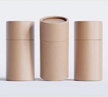 Brown Paper tube package mockups isolated on white background. Blank craft carton circular realistic tube texture. Cylindrical container with cap for product branding photo