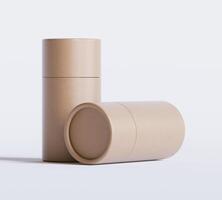 Brown Paper tube package mockups isolated on white background. Blank craft carton circular realistic tube texture. Cylindrical container with cap for product branding photo