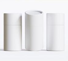 White Paper tube package mockups isolated on white background. Blank craft carton circular realistic tube texture. Cylindrical container with cap for product branding photo