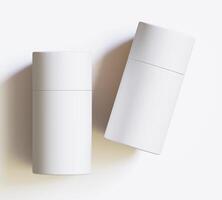 White Paper tube package mockups isolated on white background. Blank craft carton circular realistic tube texture. Cylindrical container with cap for product branding photo