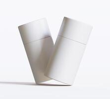 White Paper tube package mockups isolated on white background. Blank craft carton circular realistic tube texture. Cylindrical container with cap for product branding photo