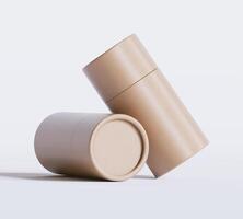 Brown Paper tube package mockups isolated on white background. Blank craft carton circular realistic tube texture. Cylindrical container with cap for product branding photo