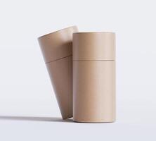 Brown Paper tube package mockups isolated on white background. Blank craft carton circular realistic tube texture. Cylindrical container with cap for product branding photo
