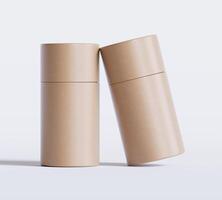 Brown Paper tube package mockups isolated on white background. Blank craft carton circular realistic tube texture. Cylindrical container with cap for product branding photo