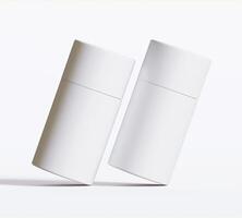 White Paper tube package mockups isolated on white background. Blank craft carton circular realistic tube texture. Cylindrical container with cap for product branding photo
