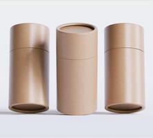 Brown Paper tube package mockups isolated on white background. Blank craft carton circular realistic tube texture. Cylindrical container with cap for product branding photo