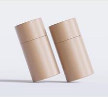 Brown Paper tube package mockups isolated on white background. Blank craft carton circular realistic tube texture. Cylindrical container with cap for product branding photo