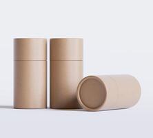 Brown Paper tube package mockups isolated on white background. Blank craft carton circular realistic tube texture. Cylindrical container with cap for product branding photo