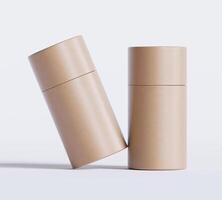 Brown Paper tube package mockups isolated on white background. Blank craft carton circular realistic tube texture. Cylindrical container with cap for product branding photo