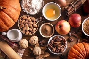 Autumn baking background with pumpkins, apples and nuts photo