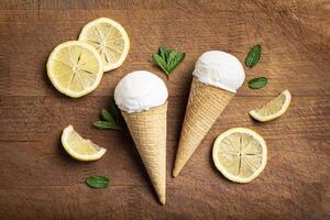 Lemon ice cream and lemon slices photo