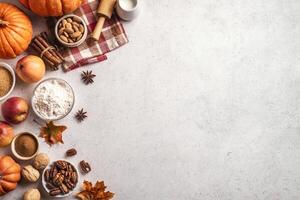 Autumn baking background with pumpkins, apples and nuts photo