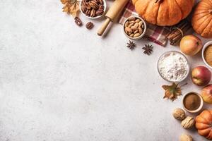 Autumn baking background with pumpkins, apples and nuts photo