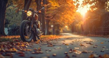 A stunning motorcycle parked on a rural road at sunset, highlighting its metallic parts against a dramatic sky, symbolizing freedom and adventure in a modern, artistic style. photo