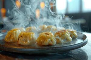 Freshly steamed dumplings. Steam rises above the dumplings, highlighting their freshness. photo
