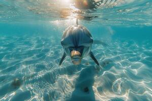 Dolphin swimming underwater with shimmering sunlight photo