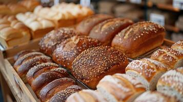 Assorted fresh bread loaves on bakery display shelf. photo