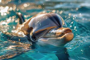 A dolphin's head pops out of the clear, blue water, creating a playful and friendly scene under the bright sunlight. photo