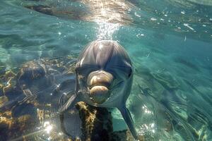 A dolphin's head pops out of the clear, blue water, creating a playful and friendly scene under the bright sunlight. photo